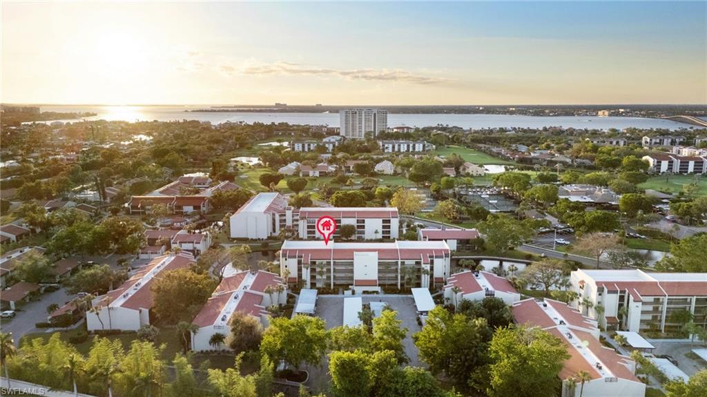 Aerial view at dusk with a water view