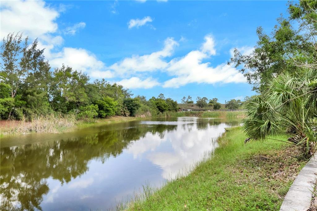 Waterfront property featuring a tranquil waterway, lush green grasses, and mature trees