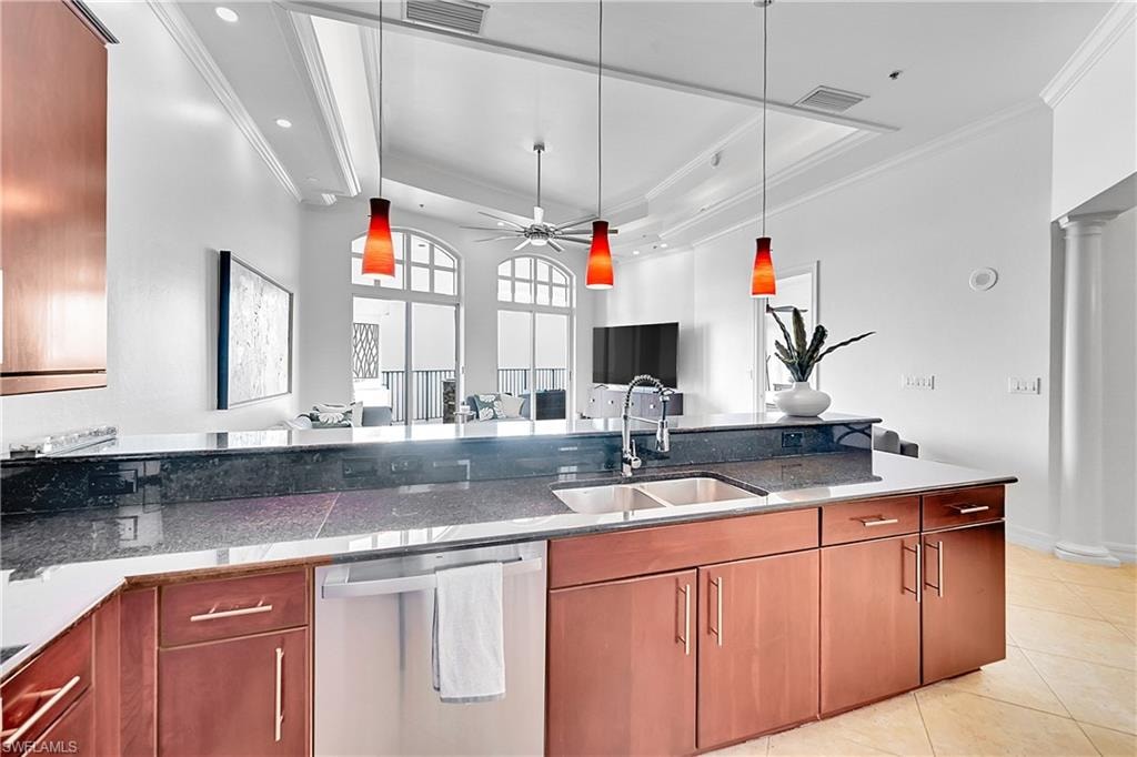 Kitchen featuring stainless steel dishwasher, a sink, light tile patterned floors, crown molding, and pendant lighting
