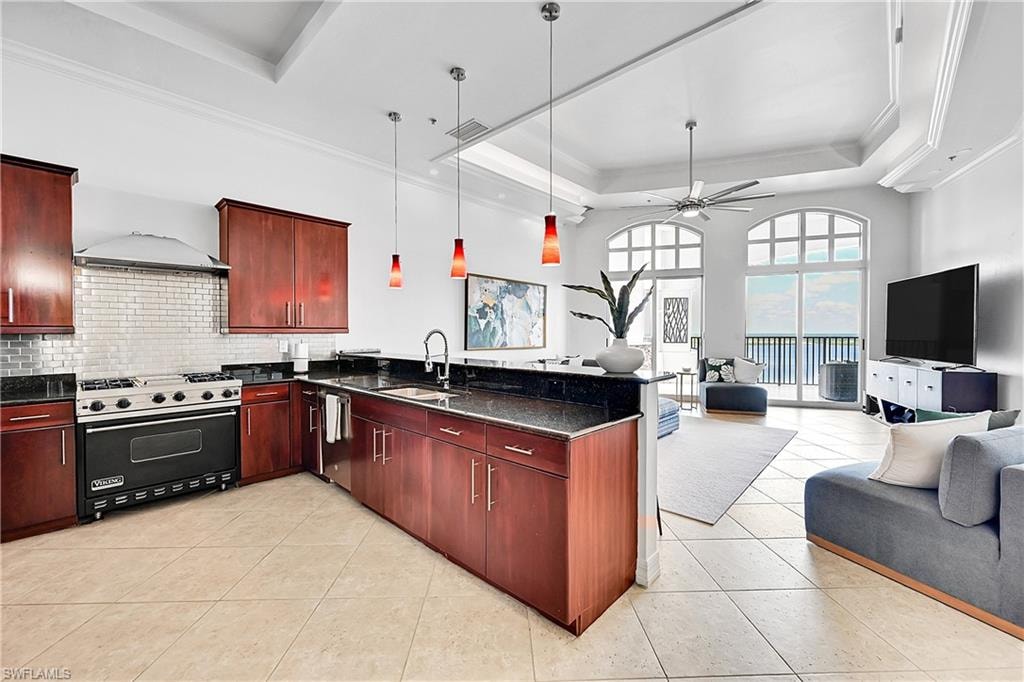 Kitchen with range with gas cooktop, a sink, open floor plan, a raised ceiling, and stainless steel dishwasher