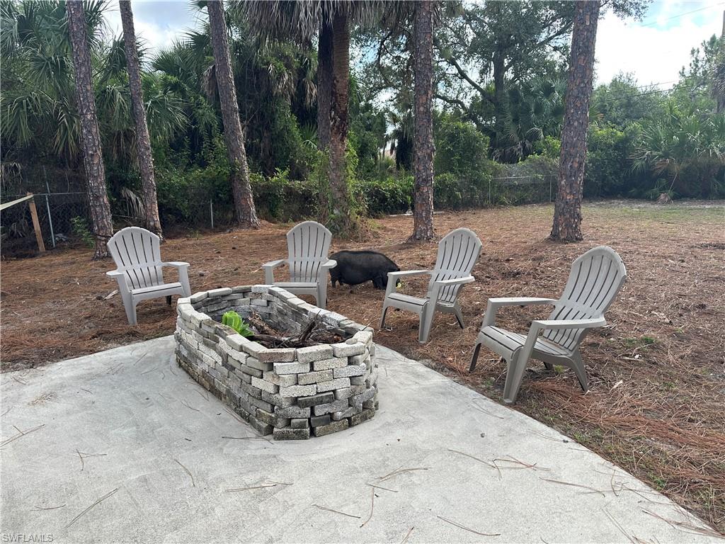 Outdoor patio area featuring a concrete pad and a built-in stone planter Wilber won't be there