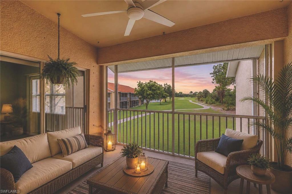 Screened lanai with serene views of the golf course (virtually staged)