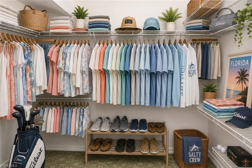 Customizable closet system featuring wire shelving and multiple hanging rods (Virtually Staged)