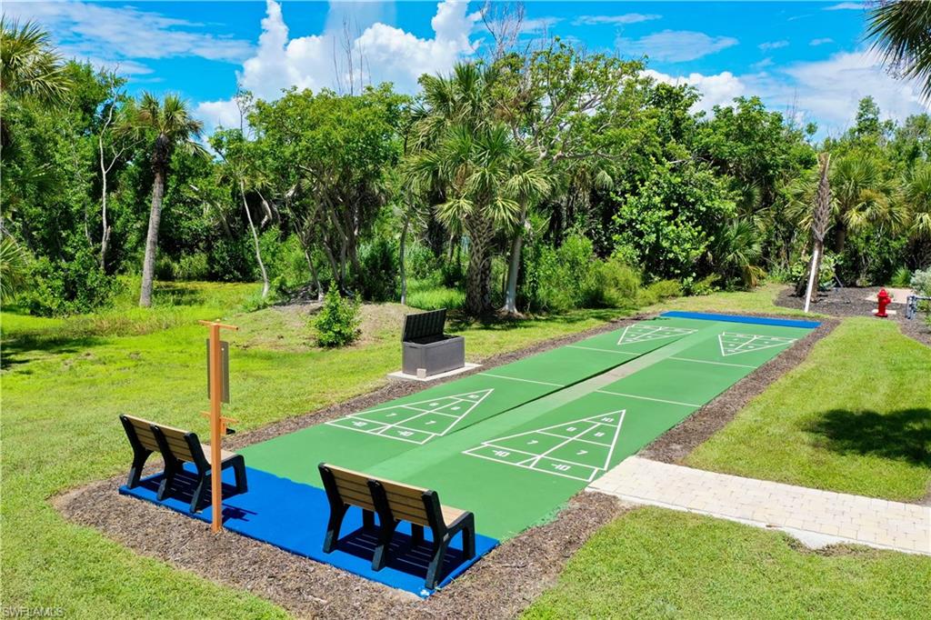 Outdoor shuffleboard court with green and blue playing surfaces