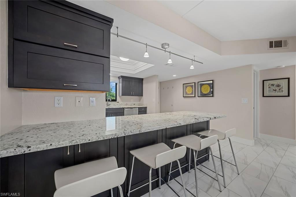Kitchen featuring an expansive counter-height island with stone-finish countertop and dark cabinetry