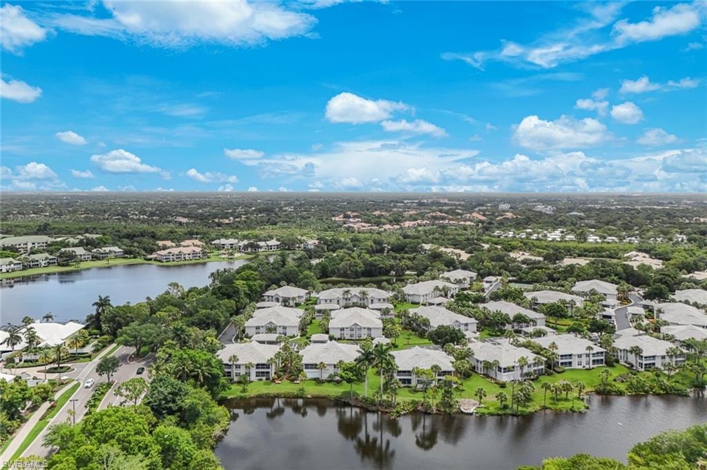 Aerial perspective showcasing waterfront properties surrounded by mature trees