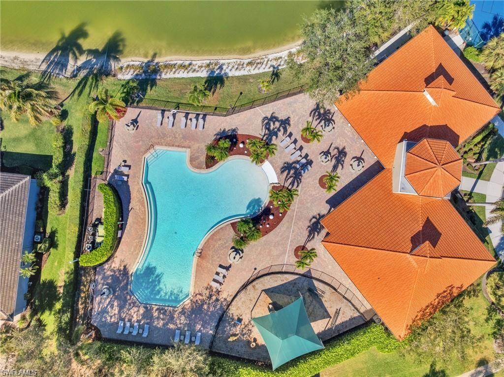 Aerial overview showcasing a freeform swimming pool with integrated sun shelves, surrounded by a paver deck