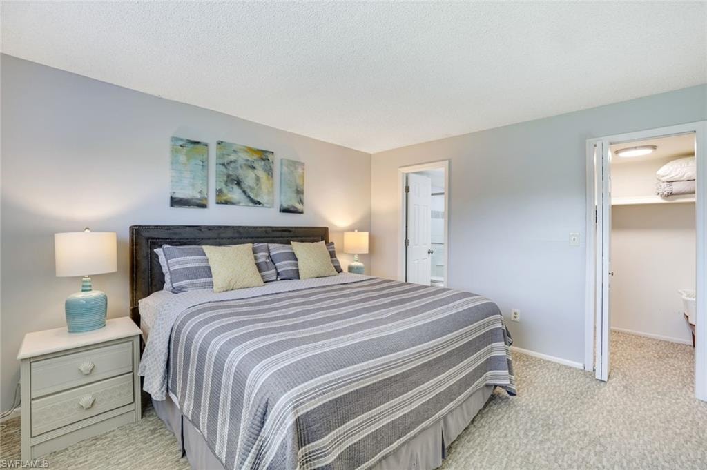 Bedroom with a walk in closet and light colored carpet