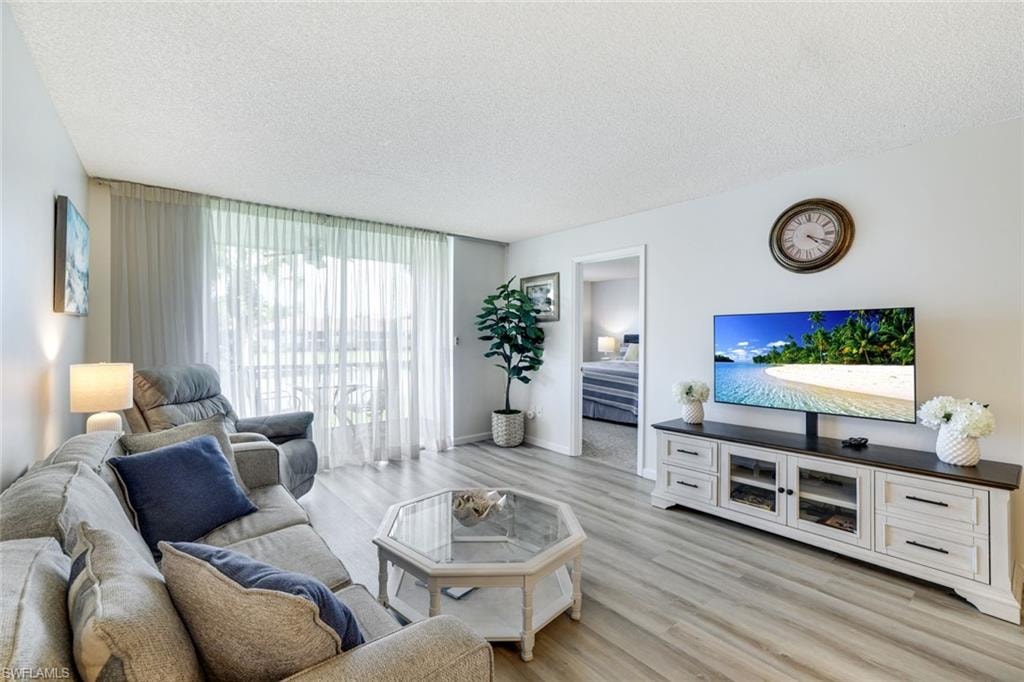 Living area featuring a textured ceiling and light wood-style floors