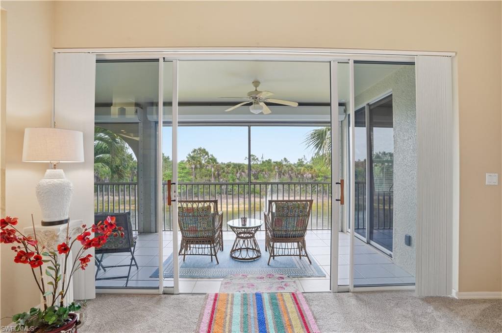 The lanai space is pure perfection, with a water and fountain view.