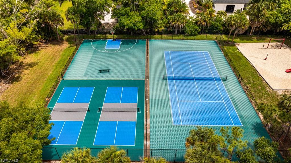 Community recreation area with pickleball, tennis and basketball