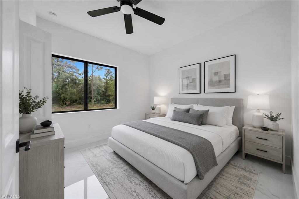 Bedroom featuring tile flooring, a large window with black trim, a ceiling fan with black blades, and recessed lighting