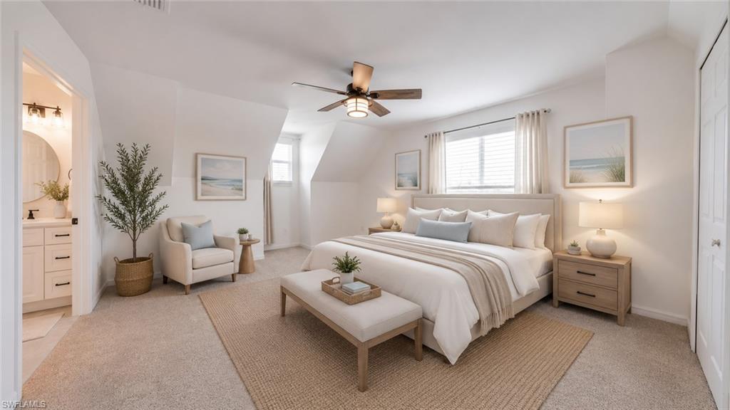 Virtual Spacious bedroom featuring neutral carpeting, a ceiling fan, and multiple windows with blinds