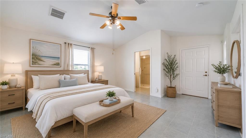 Virtual Bedroom featuring vaulted ceilings, ceiling fan, transom windows, and tile flooring