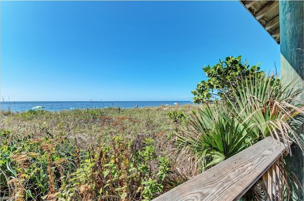 Oceanfront setting with a clear horizon, natural coastal vegetation, and a weathered wood railing