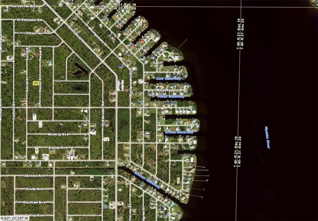 Aerial Map. Showing the geographical context of the property with surrounding parcels and waterways