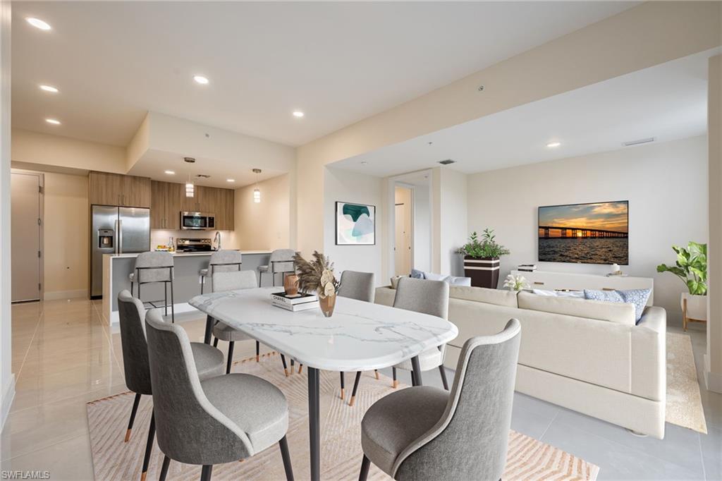 Dining space with visible vents, baseboards, recessed lighting, and light tile patterned floors
