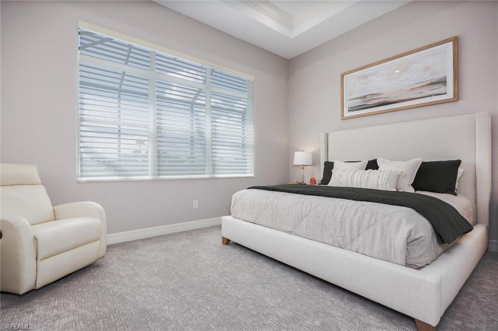 Bright room featuring a tray ceiling, expansive window with horizontal blinds, light gray wall paint, and patterned carpet flooring
