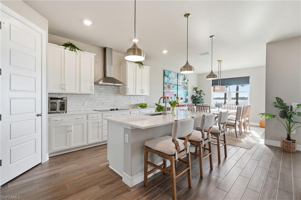 Open concept kitchen with wood-finish flooring, white cabinetry, a large kitchen island, and stainless steel appliances