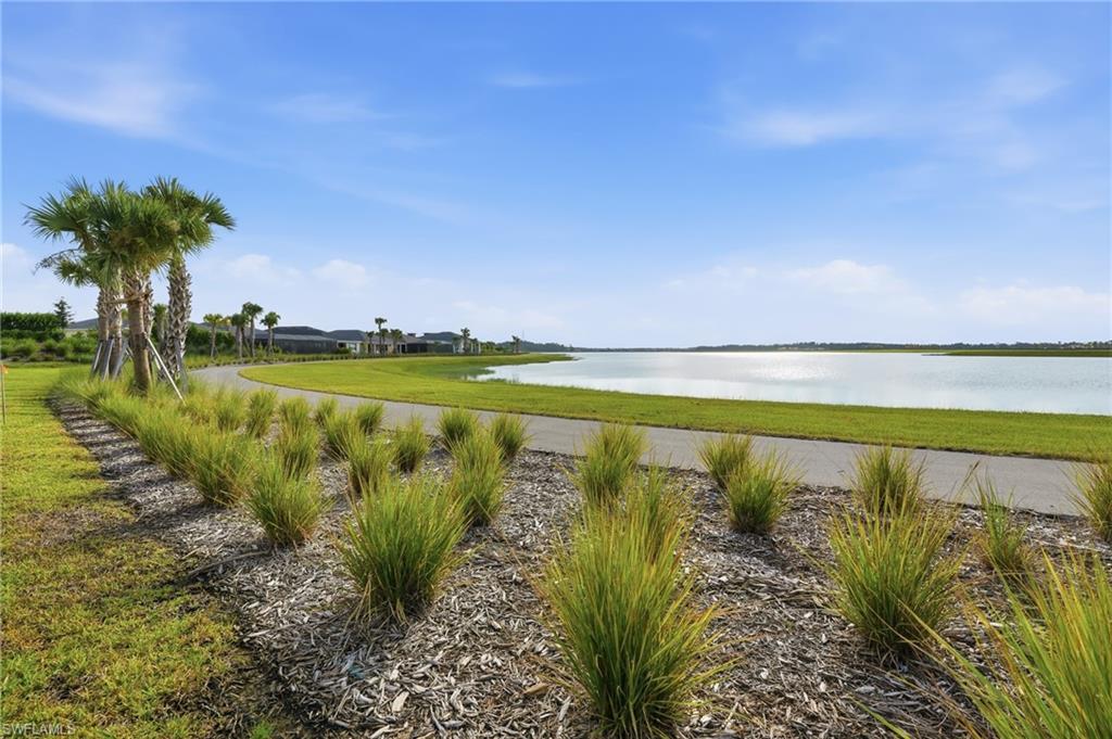 Expansive waterfront setting with a paved walking path, mature palm trees, and manicured landscaping