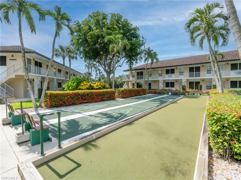 Community shuffleboard court framed by tropical landscaping and mature palm trees