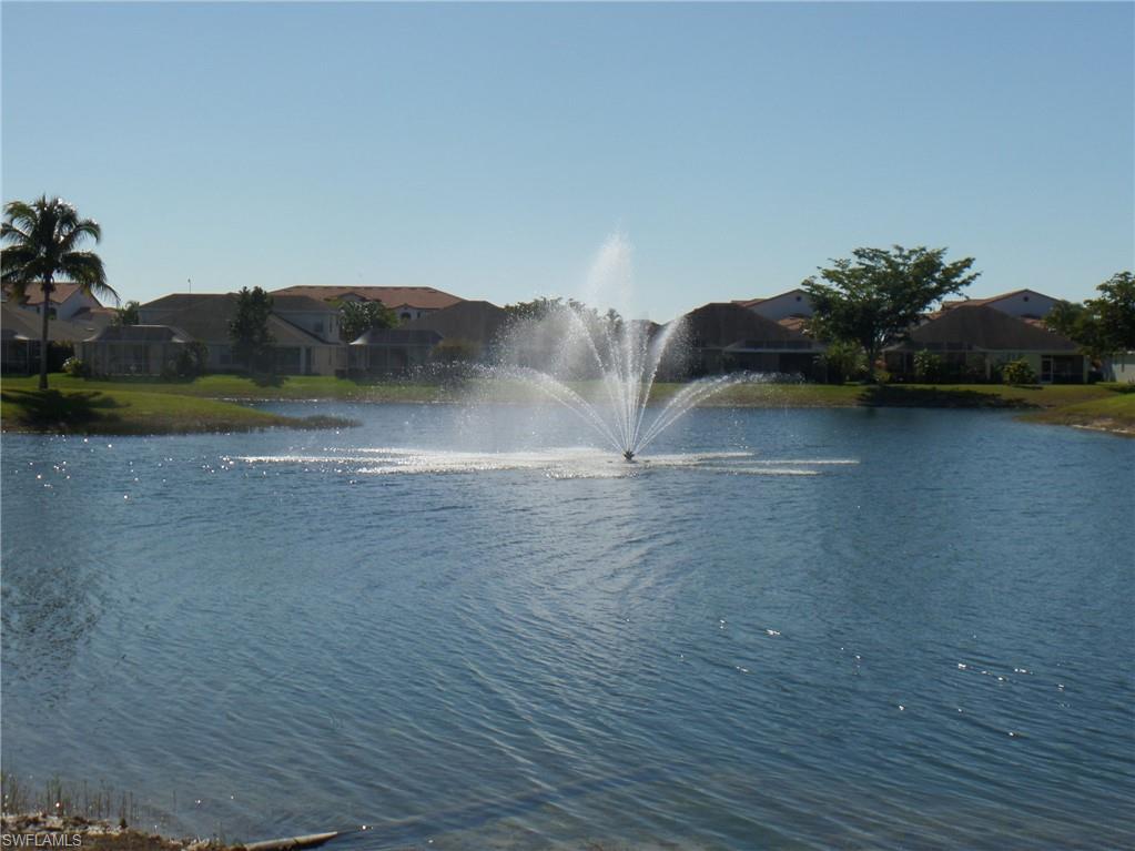 Expansive lake featuring a decorative fountain and surrounding residential properties