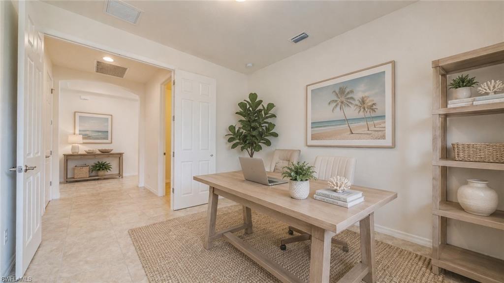 Virtual Dedicated room with light-toned walls, recessed lighting, and tile flooring