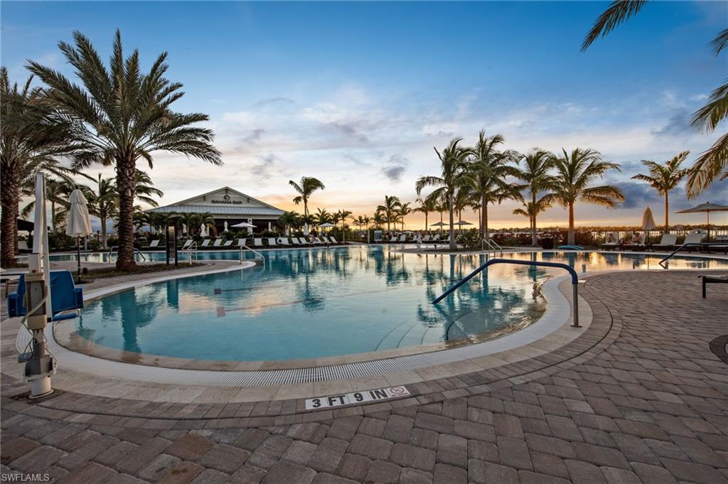 Expansive aquatic amenity featuring a large swimming pool with curved edges, surrounding paver decking, and multiple palm trees