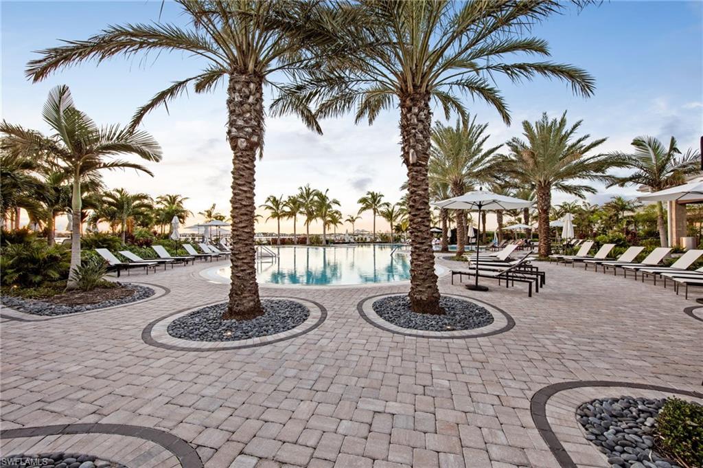 Extensive paver patio featuring a large swimming pool, multiple palm trees, decorative stone landscaping, and numerous lounge chairs with umbrellas