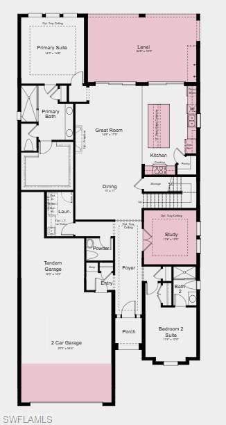 First Floor Plan - Additional Highlights Include: gourmet kitchen, 4' garage extension, 8' interior doors, covered extended lanai, outdoor kitchen rough-in, and impact windows throughout the whole house