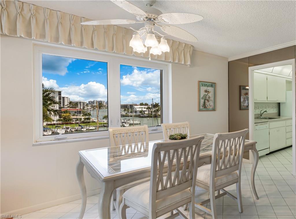 Dining area has a bay view