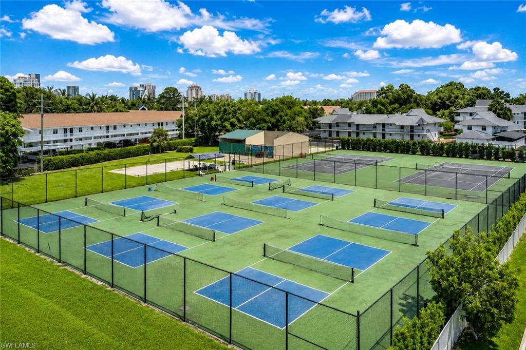 Multiple fenced pickleball courts with blue playing surfaces and green surrounds