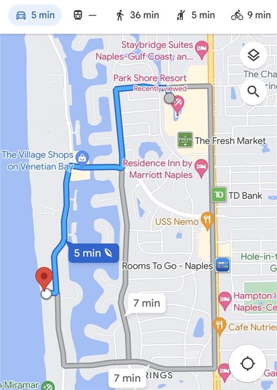 Mapping Application Route. Displaying travel time estimations for various transportation methods to the property