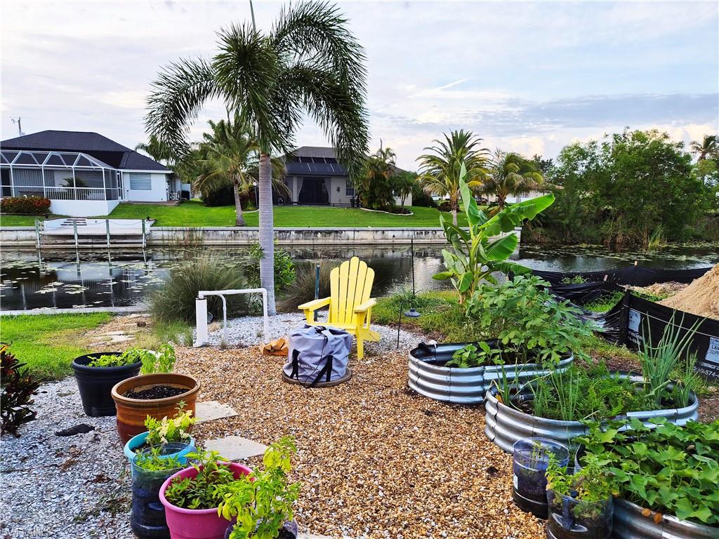 Waterfront property featuring canal access, mature palm trees, a gravel patio area, and multiple raised garden beds