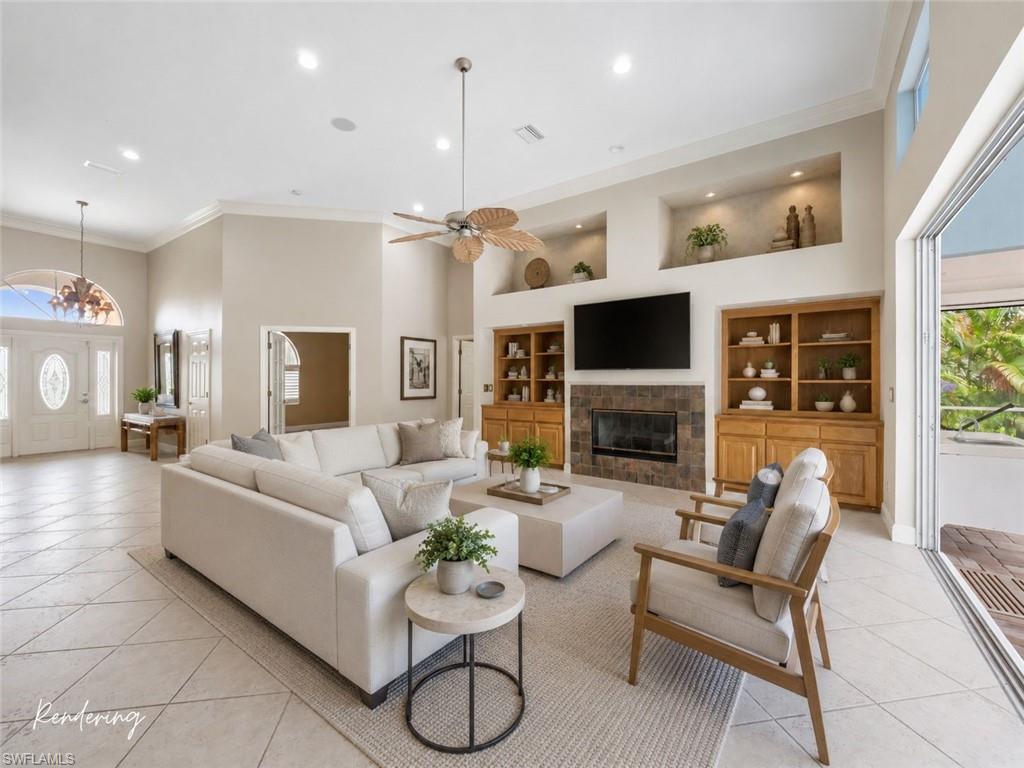 Conceptual rendering designed to inspire future possibilities, highlighting the spacious layout, fireplace focal point, and dramatic ceiling heights.