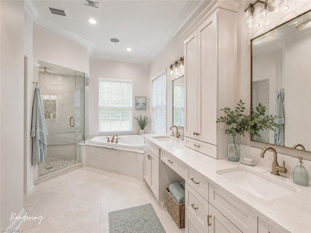 The oversized primary bath serves as a blank canvas for luxury finishes, custom vanities, a freestanding tub, or an expanded walk-in shower.