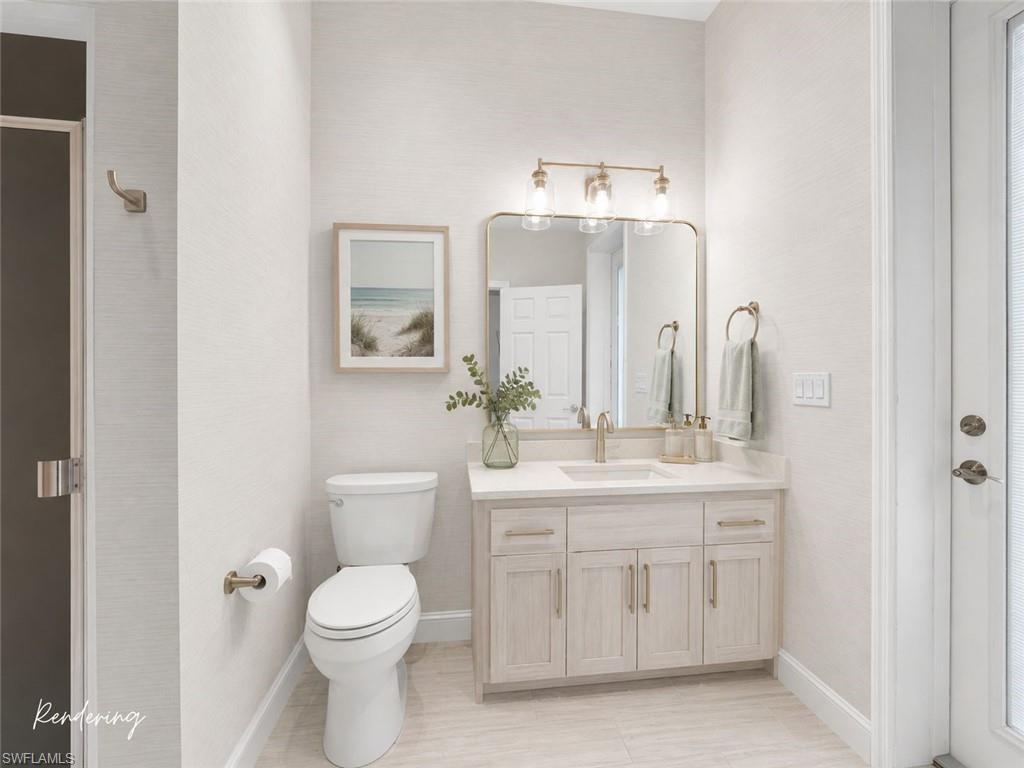 Artist rendering showcasing one potential transformation of the guest bathroom, featuring modern finishes, updated fixtures, and a clean, timeless design.