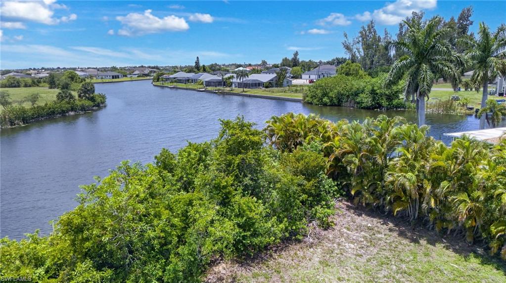 Waterfront property featuring extensive landscaping, mature palm trees, and a canal