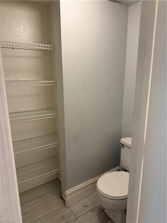 Powder room featuring a standard white toilet and wood-finish flooring