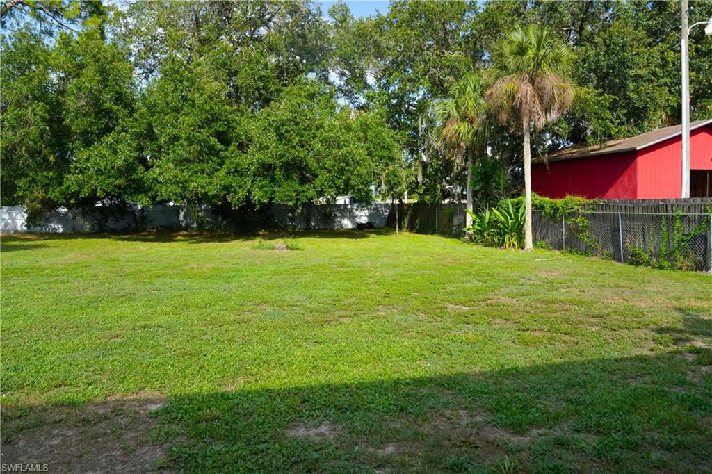 Expansive grassy yard area featuring mature trees and established palm trees