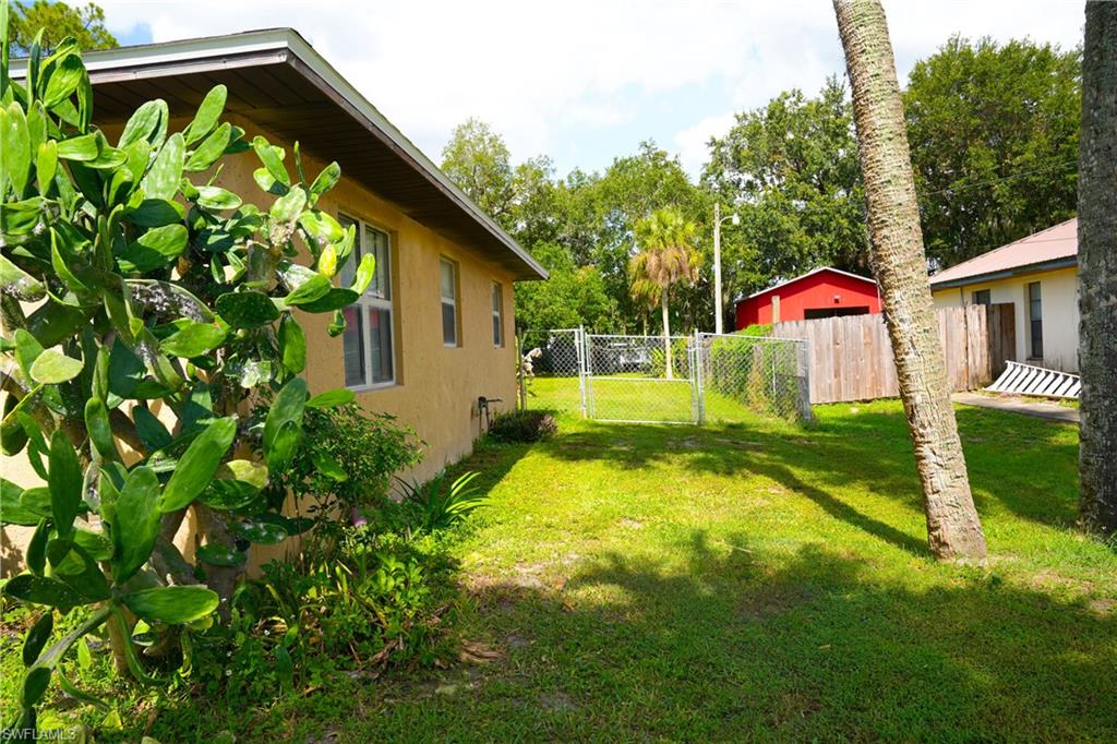 Expansive green lawn featuring a chain-link fence, mature palm trees, and a stucco exterior