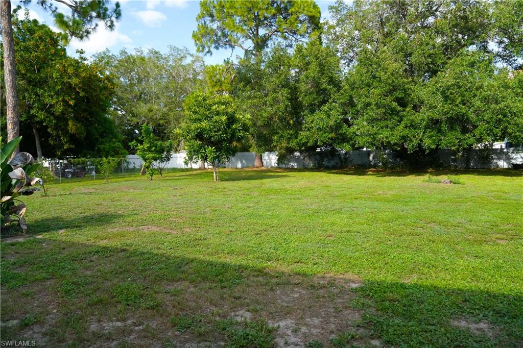 Expansive green lawn with mature trees and a partial chain-link fence