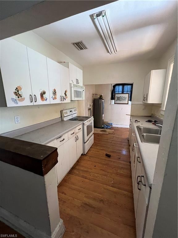 Galley kitchen featuring wood-finish flooring, white cabinetry, and a double basin sink
