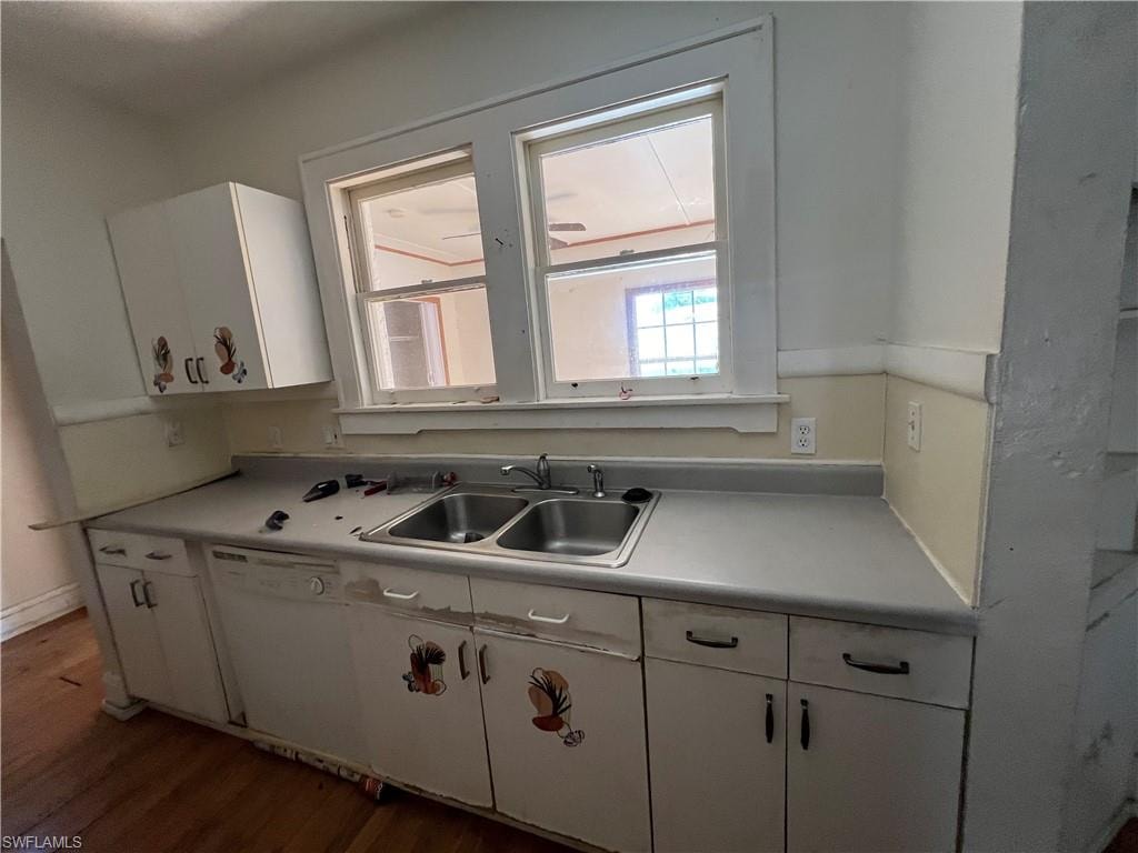 Kitchen area featuring a double basin sink, white cabinetry with pulls, and a built-in dishwasher