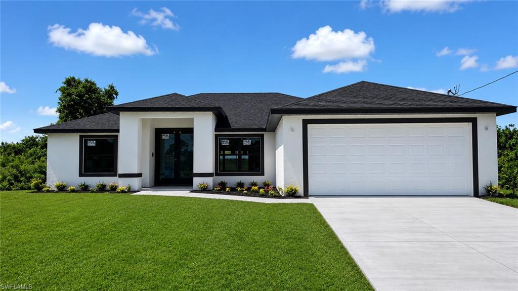 Contemporary white stucco exterior with black trim, a dark shingle roof, and an attached two-car garage. Picture is of actual home, Grass is AI due to no sod at the time.
