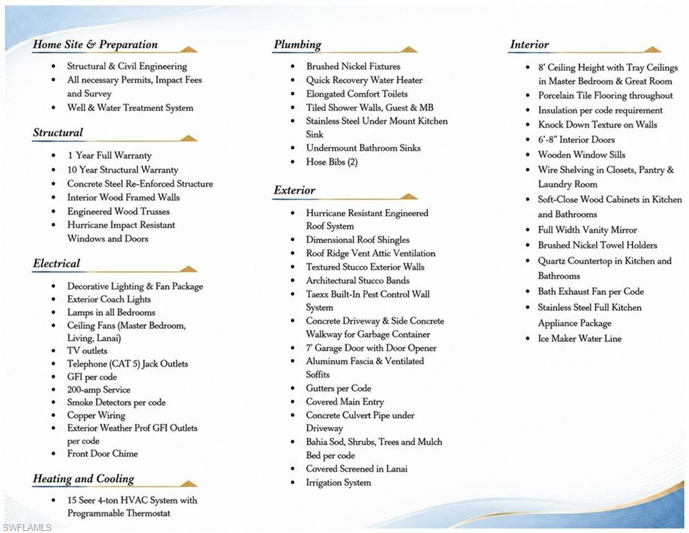 Property Specifications Document. Detailing included features for the property across various categories such as structural, electrical, plumbing, exterior, interior, and heating/cooling systems