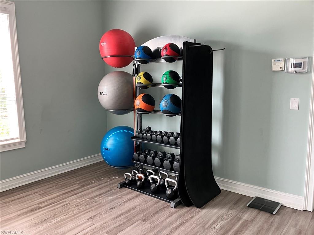 Workout room featuring hardwood / wood-style flooring