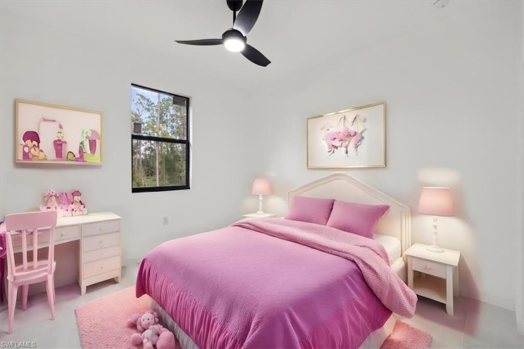 Digitally Staged: Bedroom featuring ceiling fan