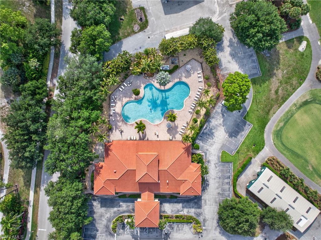 Spanish tile-roofed building featuring a large freeform swimming pool, surrounding lounge areas, mature palm trees, and adjacent paved parking
