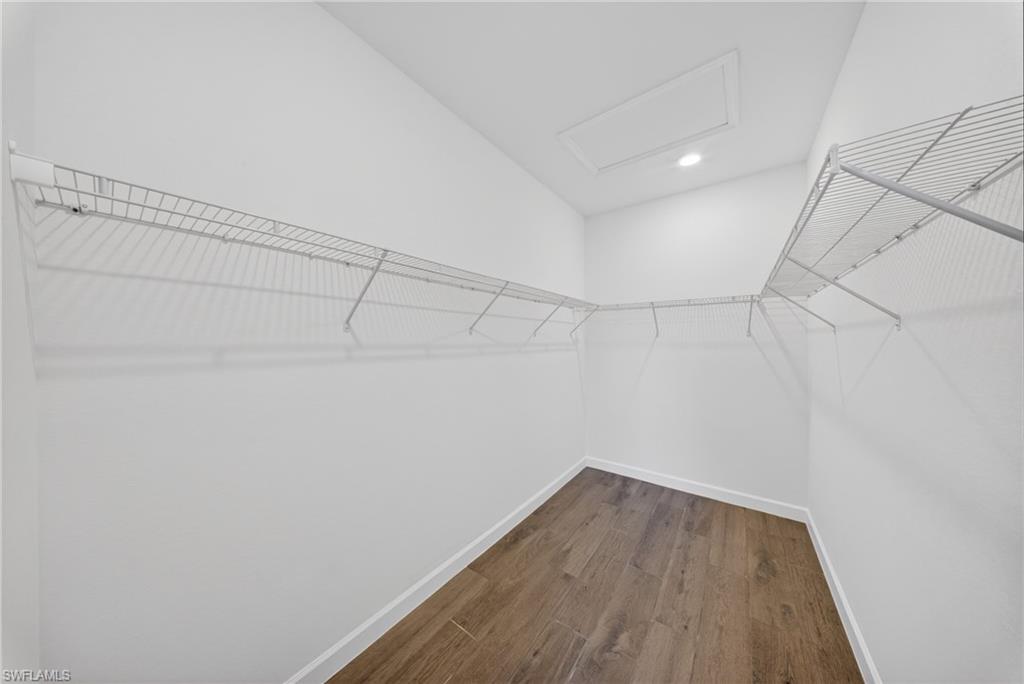 Spacious walk-in closet featuring wood-finish flooring, white walls, and built-in wire shelving